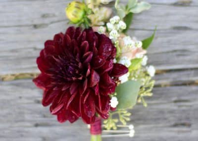 Groom's boutonniere with burgundy dahlia's, baby's breath, and greenery, and a burgundy ribbon wrap.